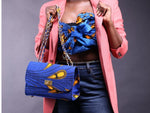 Load image into Gallery viewer, Blue and yellow adjustable handbag with silver chain with matching blue and yellow headwrap top
